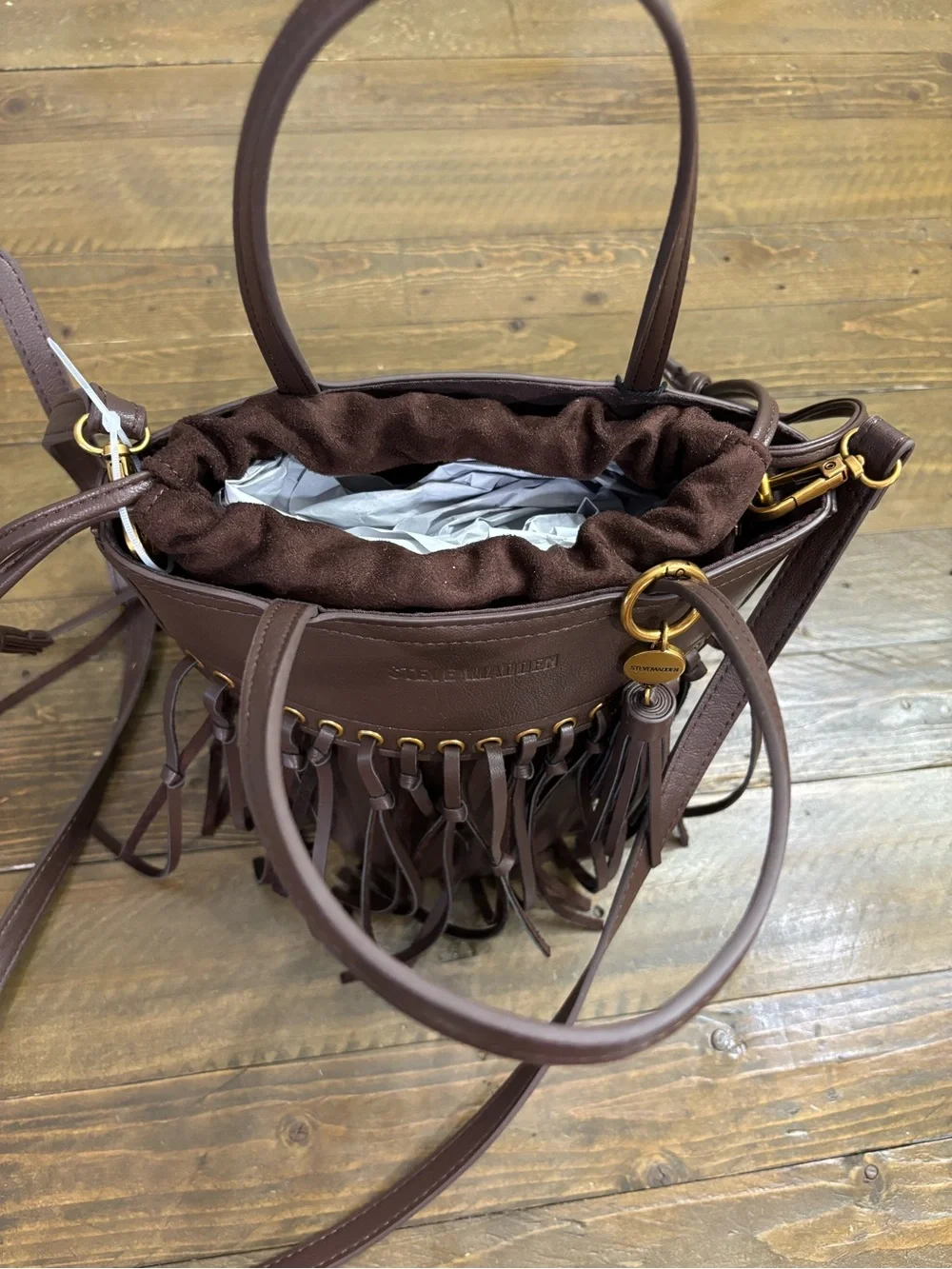 Steve Madden Dark Brown Leather Fringe Boho Style Crossbody Bag